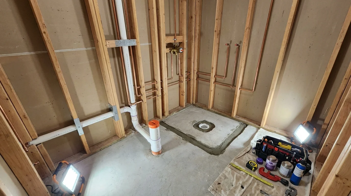 Bathroom rough-in plumbing during remodel by Johns Plumbing LLC in South Bend