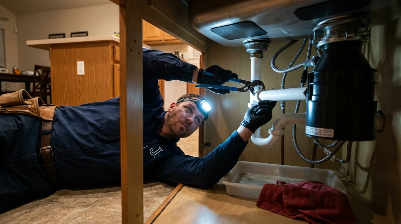 P-trap and supply line connections under a kitchen sink showing a common leak point in South Bend, WA